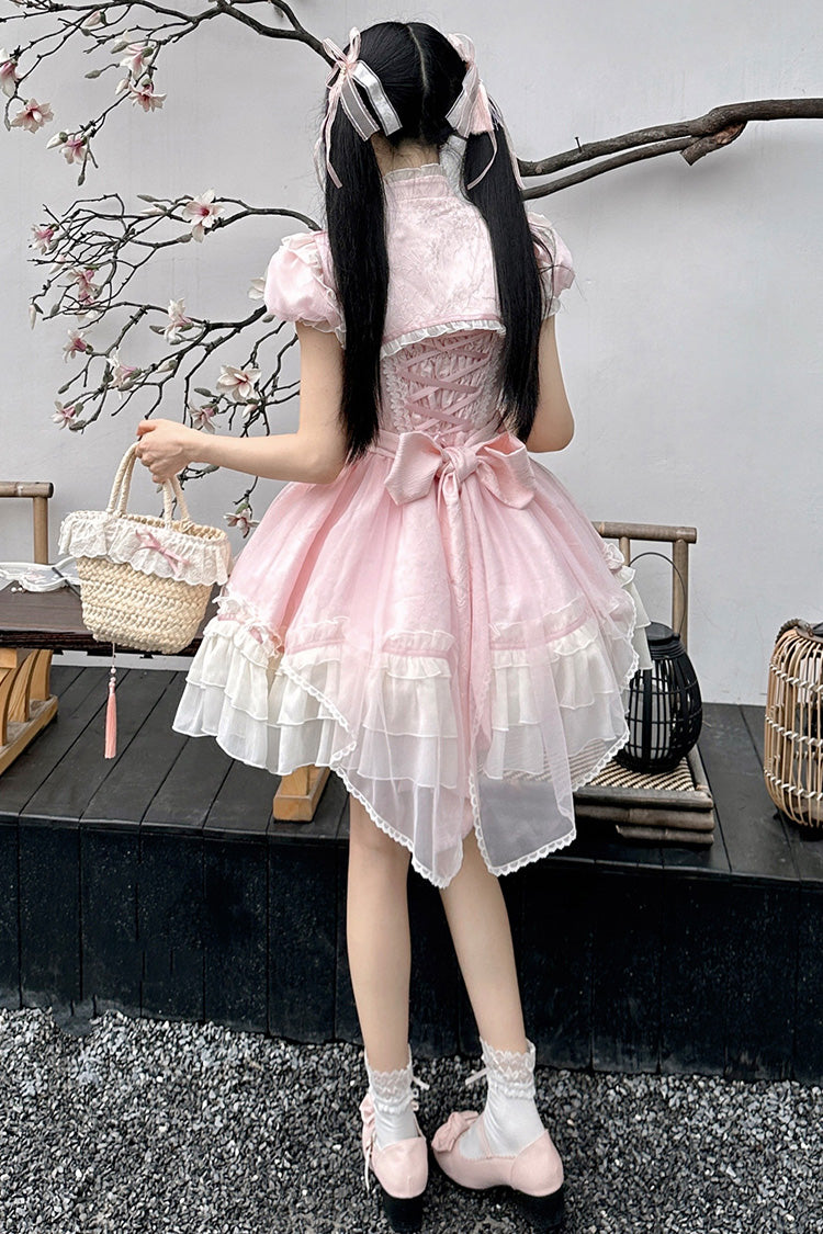 Pink Spring Flower Notes Ruffle Bowknot Lace Sweet Princess Lolita Jsk Dress