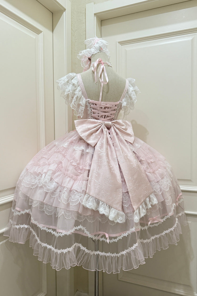 Pink Eternal Vow Sleeveless Multi-Layered Ruffle Hanayome Bowknot Lace Lace-Up Sweet Lolita Jsk Dress
