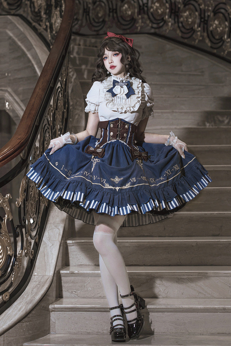 Blue Middle Ages Ruffle Embroidery Bowknot Classic Punk Vintage Lolita Skirt Full Set