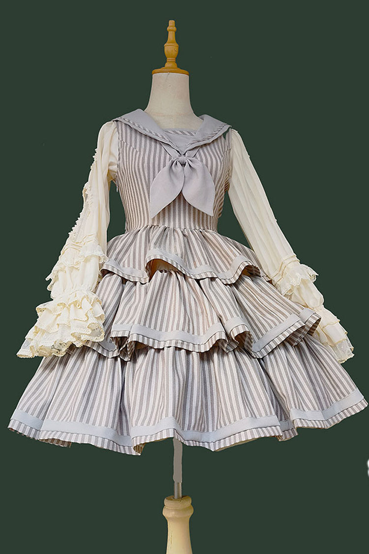 From Afar Sleeveless Triple-Layered Stripe Print Bowknot Sweet College Style Lolita Dress 2 Colors