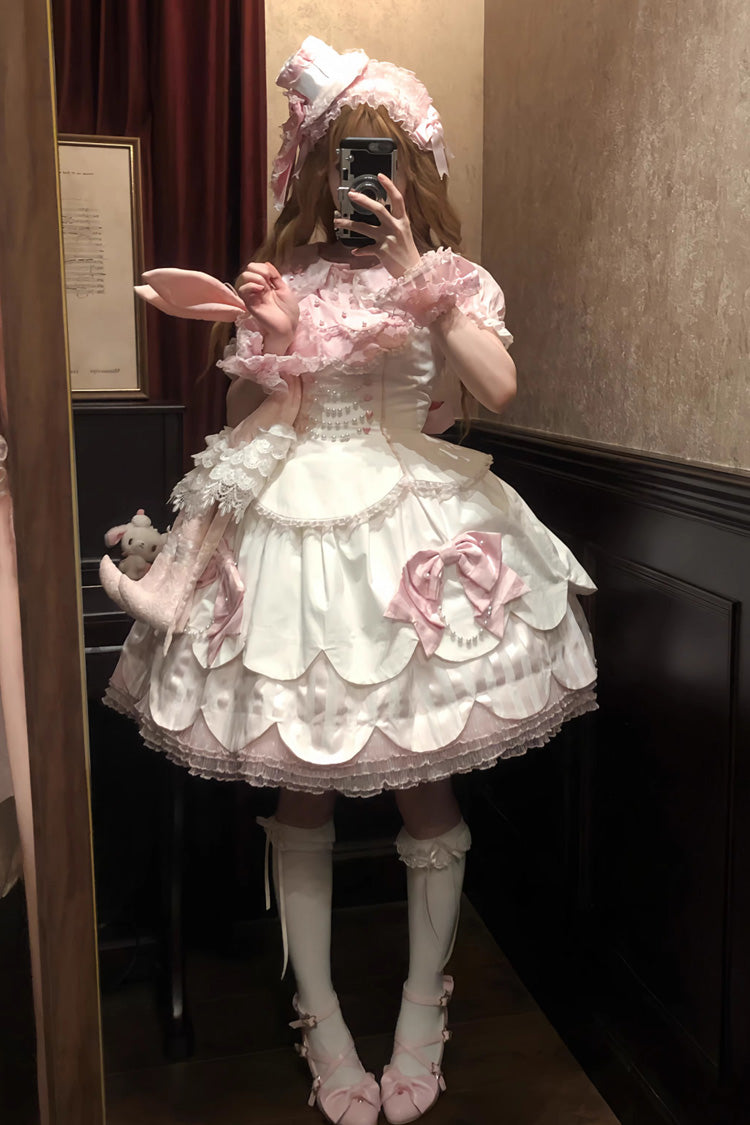 White/Pink Sleeveless Multi-Layered Ruffle Bowknot Lace Pearl Sweet Lolita Jsk Dress