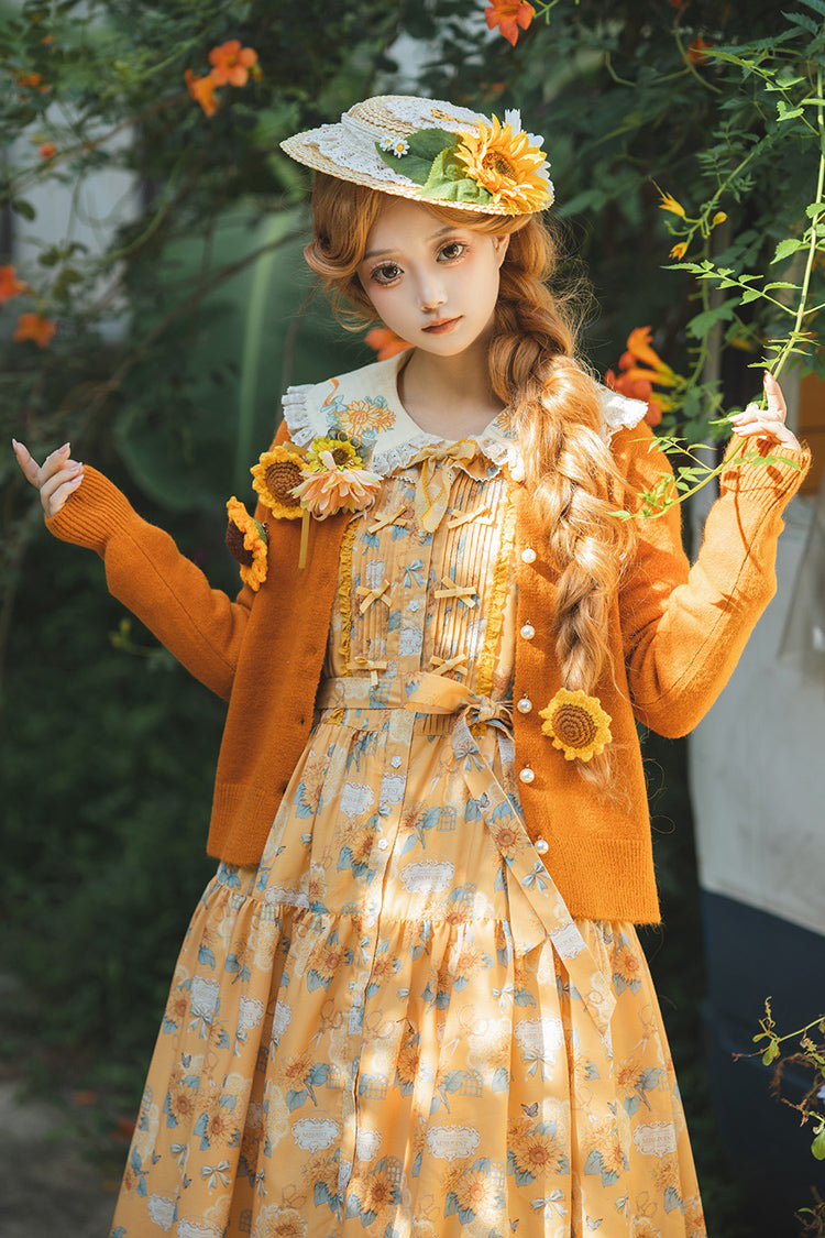 Yellow Gardening Sunflower Sleeveless Print Ruffle Bowknot Sweet Elegant Lolita Jsk Dress