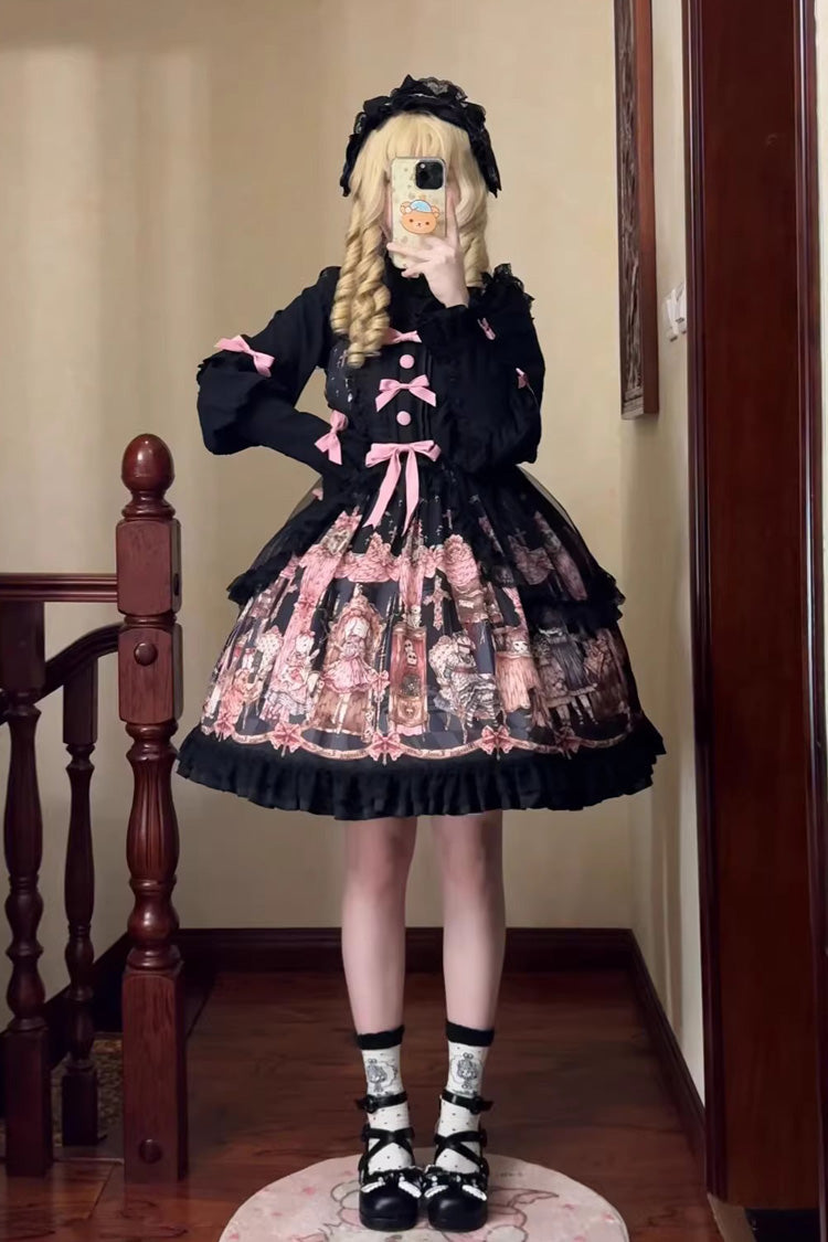 Black The Case of the Missing Lamb Print Ruffle Bowknot Lace Gothic Lolita Jsk Dress