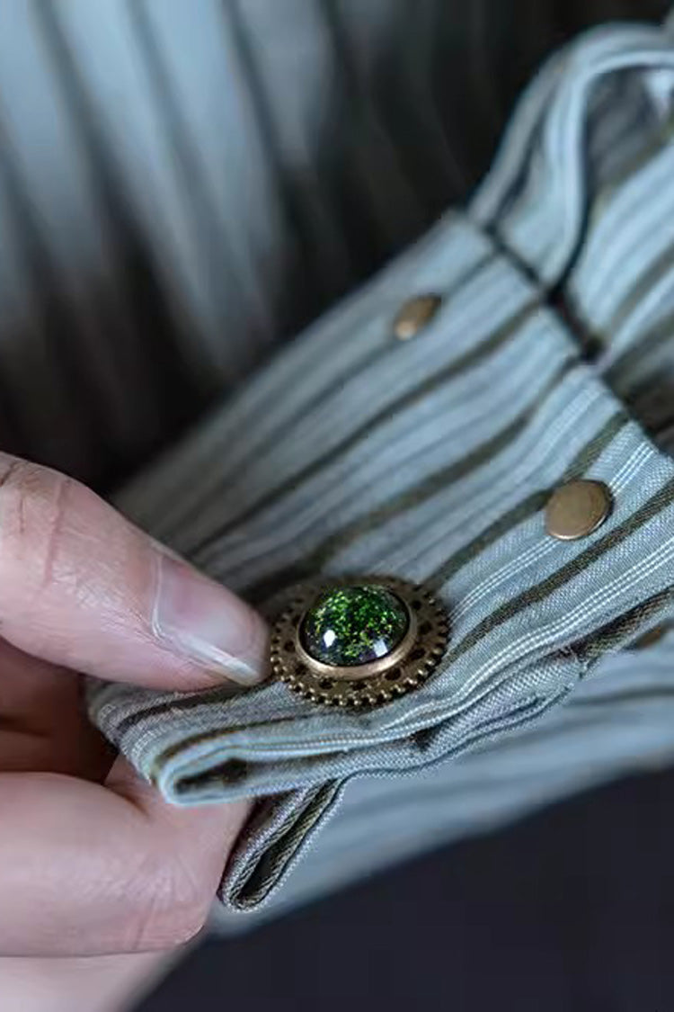 Green Rivet Long Sleeves Stripe Print Slim Ouji Prince Handsome Lolita Blouse