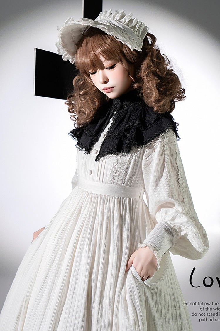 White Quiet Place Long Sleeves Jacquard Ruffle Embroidery Bowknot Gothic Lolita Dress