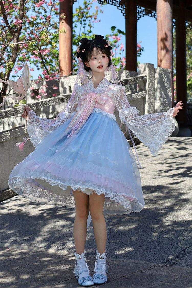 Peach Blossoms in Spring Fields Sleeveless Ruffle Bowknot Lace Sweet Chinese Style Lolita Jsk Dress 3 Colors