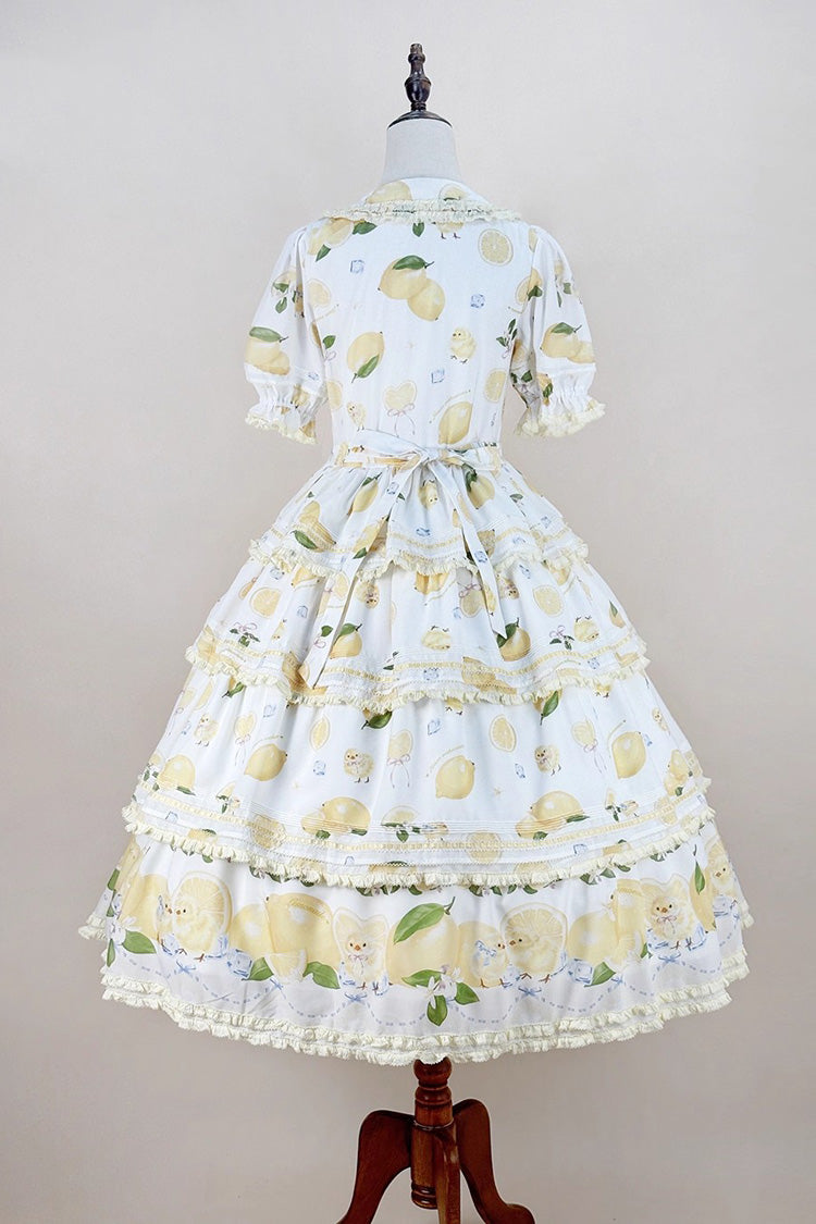 White Lemon Chicken Short Sleeves Triple-Layered Print Ruffle Bowknot Lace Sweet Gorgeous Lolita Dress
