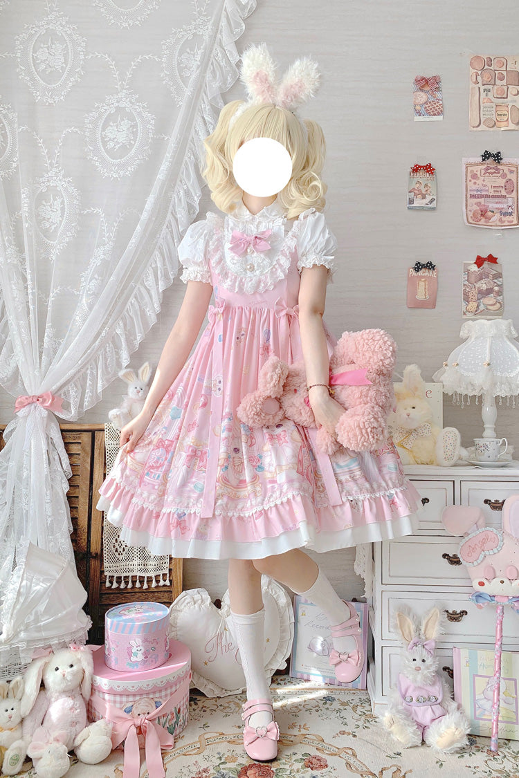 Pink Cute Cat Print High Waisted Ruffle Bowknot Sweet Princess Lolita JSK Dress