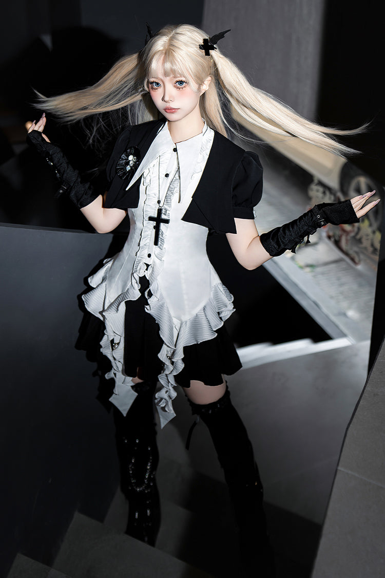 White Ruffle Irregular Clown Pointed Collar Gothic Ouji Lolita Blouse
