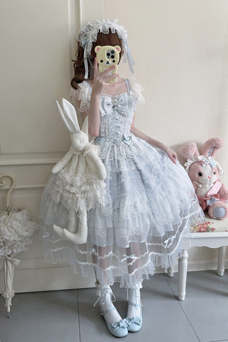 Blue Eternal Vow Sleeveless Multi-Layered Ruffle Hanayome Bowknot Lace Lace-Up Sweet Lolita Jsk Dress