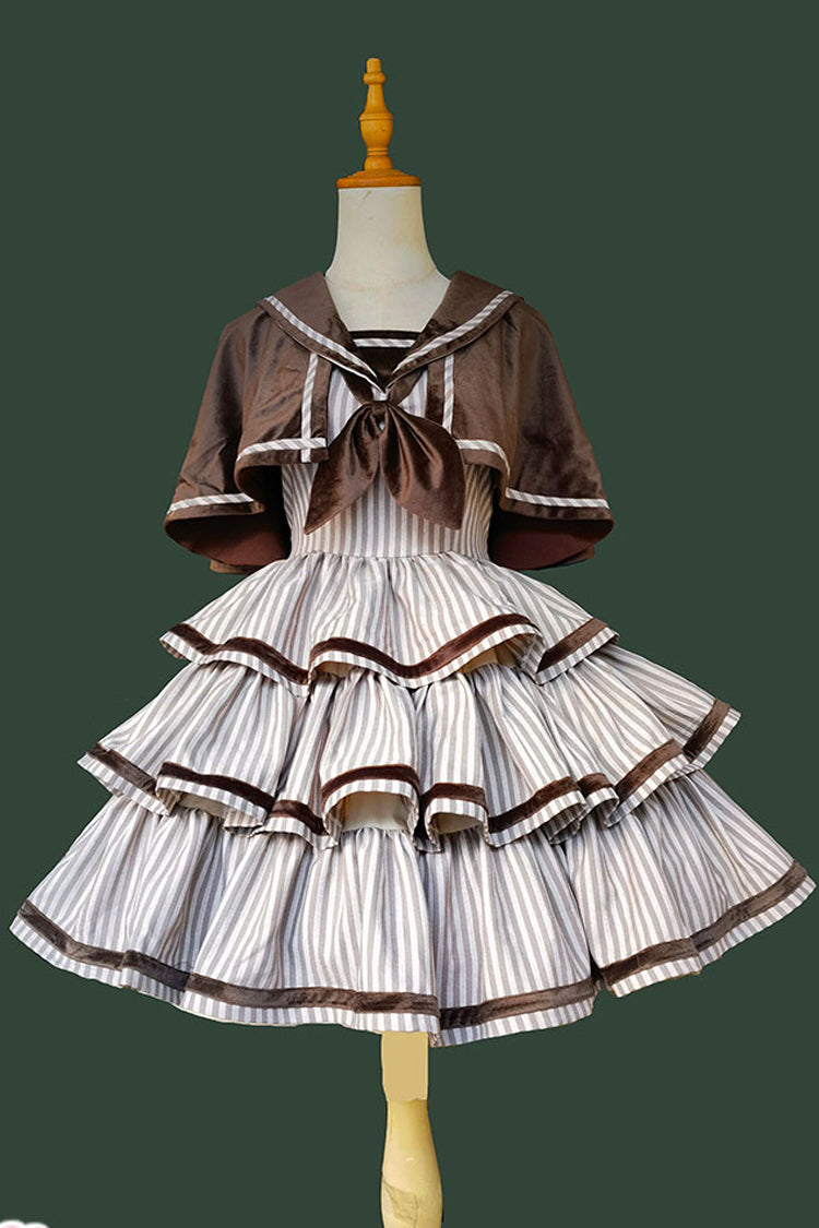 From Afar Sleeveless Triple-Layered Stripe Print Bowknot Sweet College Style Lolita Dress 2 Colors