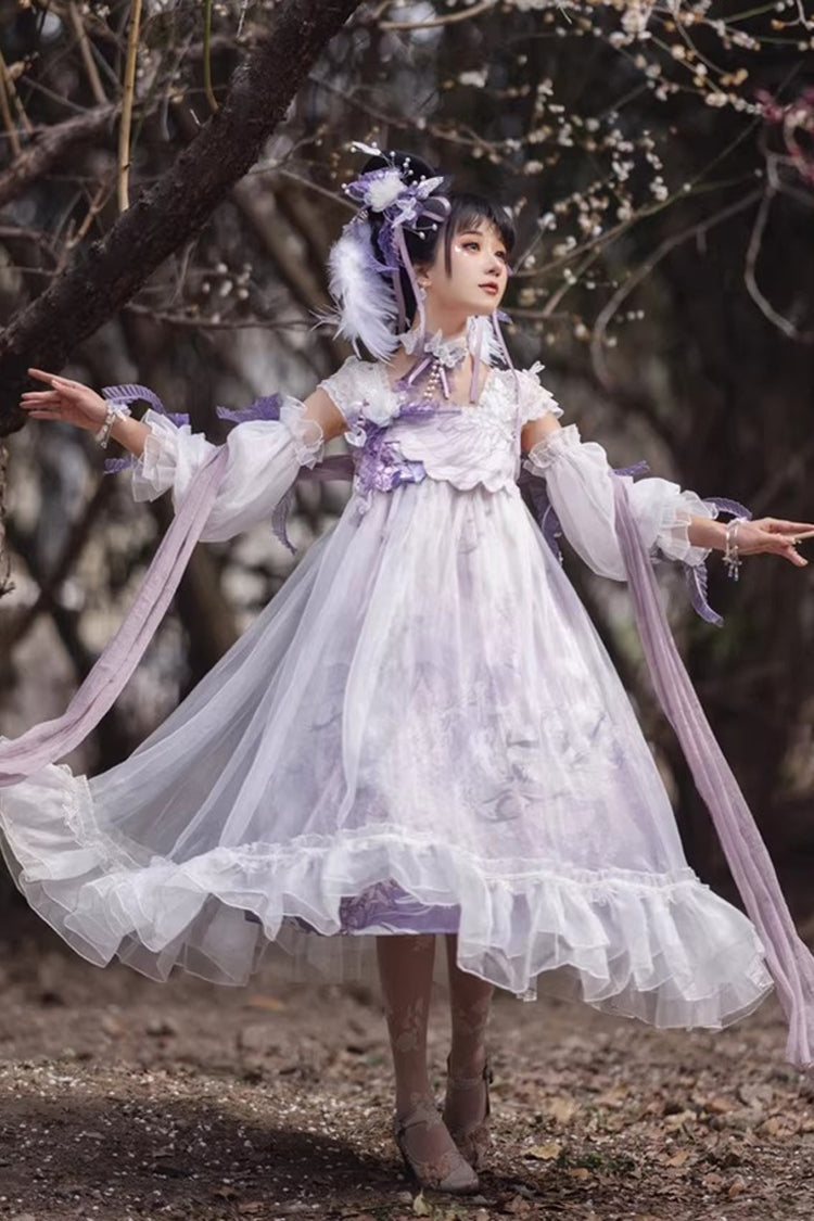White/Purple Square Collar High Waisted Printed Ruffled Lace Pearl-Decorated Sweet Chinese Style Lolita Jsk Dress