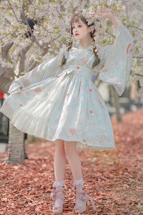 Japanese Trumpet Sleeves Lace Ruffled Cherry Blossom Print Sweet Lolita OP Dress
