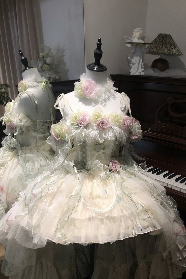 Green Spring Rose Sleeveless Multi-Layered Bowknot Lace-Up Fishbone Sweet Lolita Jsk Dress