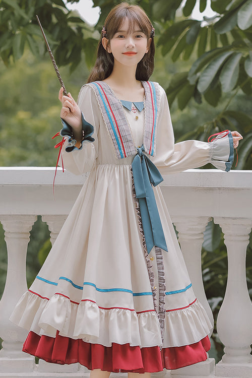 Multi-Color Square Collar Ruffled Long Sleeves Paneled Hem Sweet Lolita OP Dress