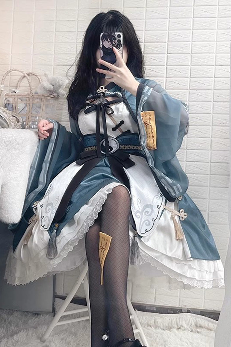 Multi-layer Little Taoist Priest Print Ruffle Sweet Chinese Style Lolita Jsk Dress 2 Colors