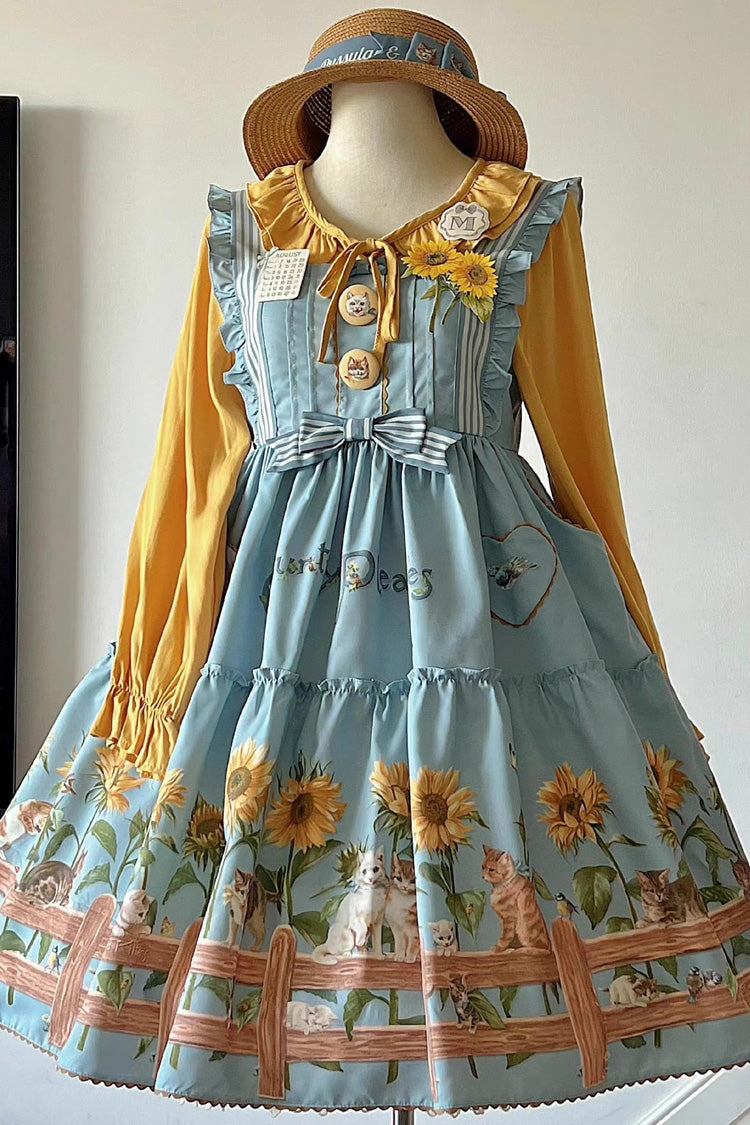 Cat and Sunflower Print Bowknot Sweet Lolita Jsk Dress 2 Colors