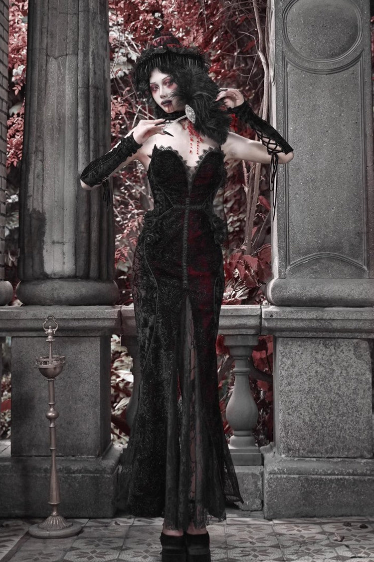 Black/Red Scarlet Blood Peak Sleeveless High Waisted Ruffle Embroidery Lace Gothic Lolita Fishtail Dress