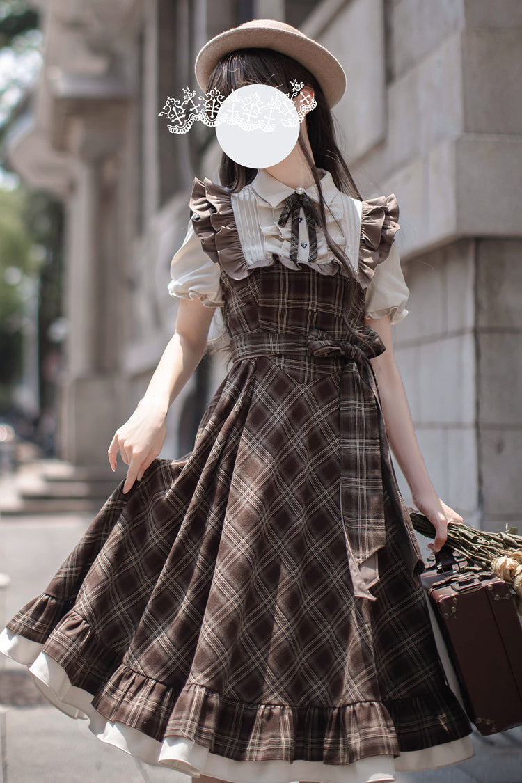 Brown The Thames at Dusk Print Short Sleeves Ruffle Bowknot Fake Two Pieces Vintage Lolita Dress