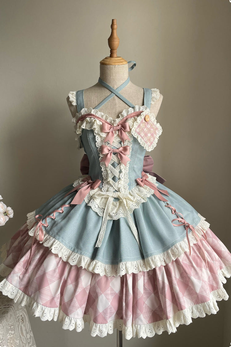 Blue/Pink Sweetheart Cowboy Plaid Print Ruffle Bowknot Sweet Lolita Skirt Set
