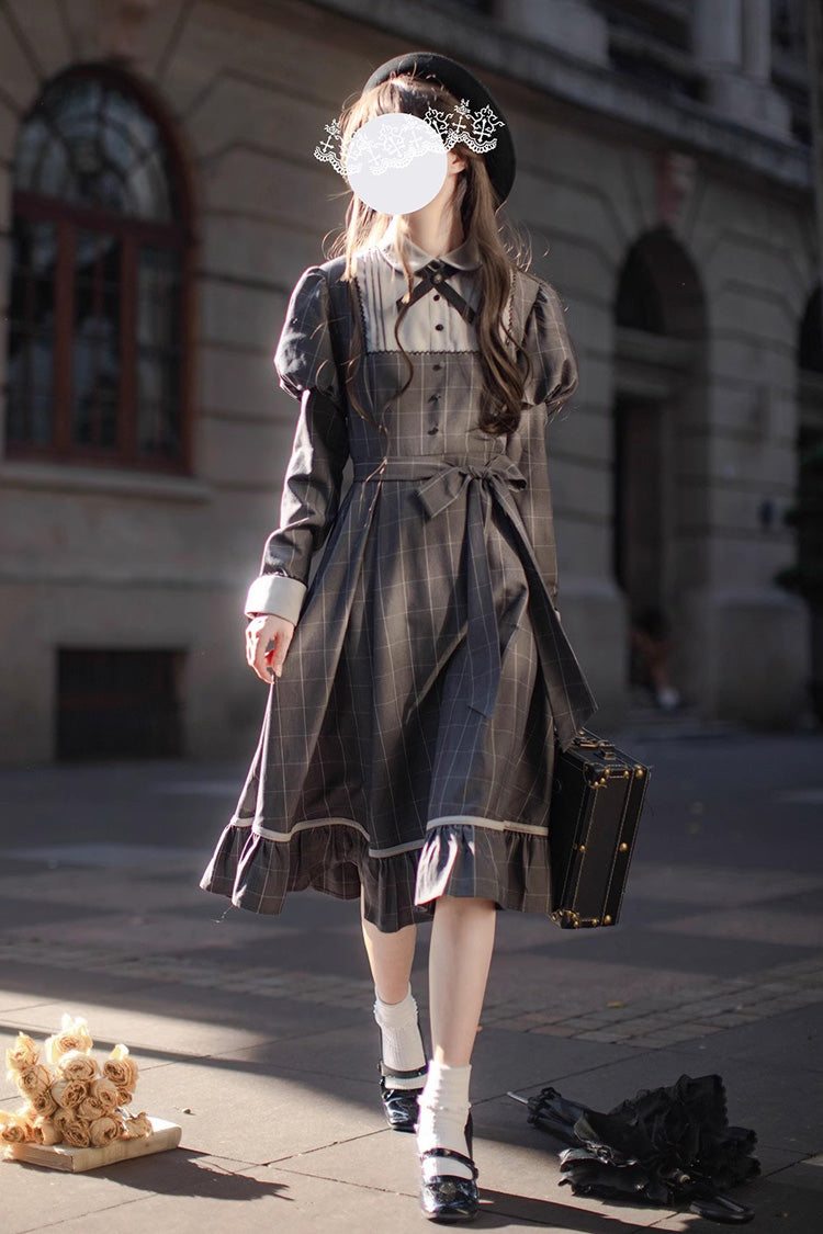 Grey Plaid Print Ruffle Bowknot Classic Vintage College Style Elegant Lolita Dress