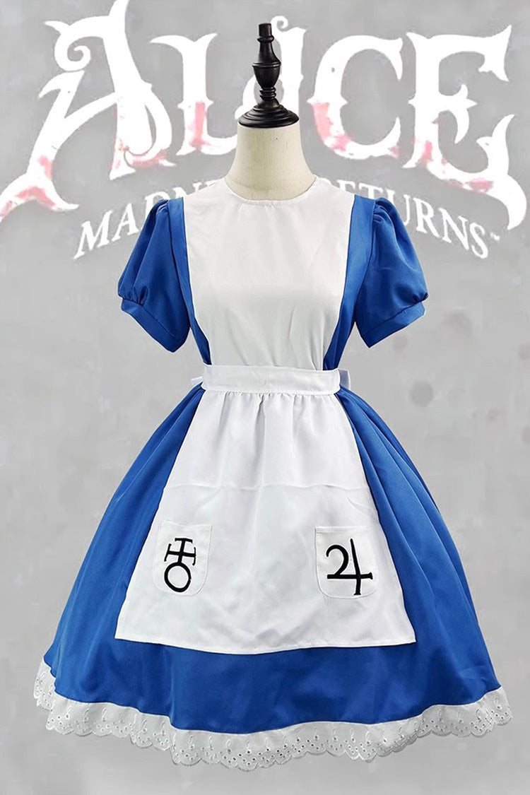 Blue/White Alice Madness Returns Short Sleeves Ruffle Sweet Plus Size Lolita Dress Full Set