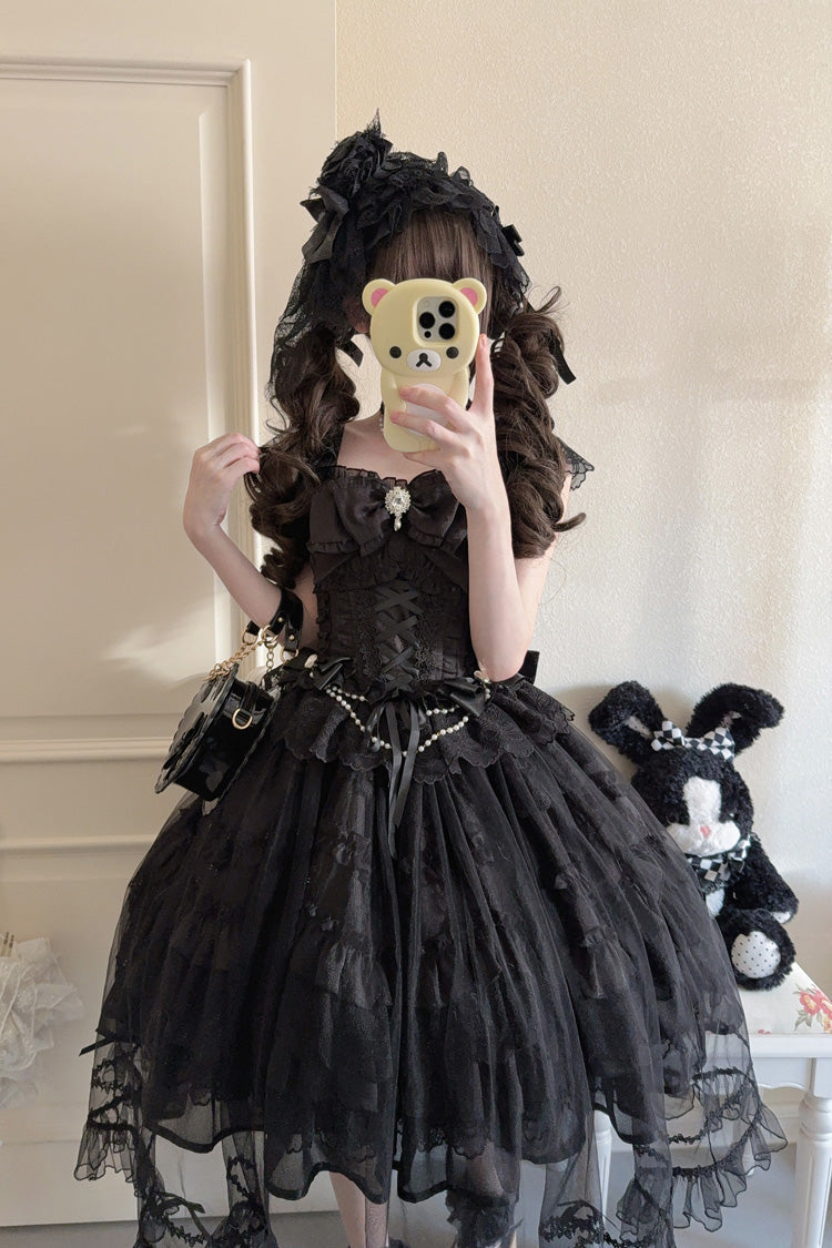 Black Eternal Vow Sleeveless Multi-Layered Ruffle Hanayome Bowknot Lace Lace-Up Gothic Lolita Jsk Dress