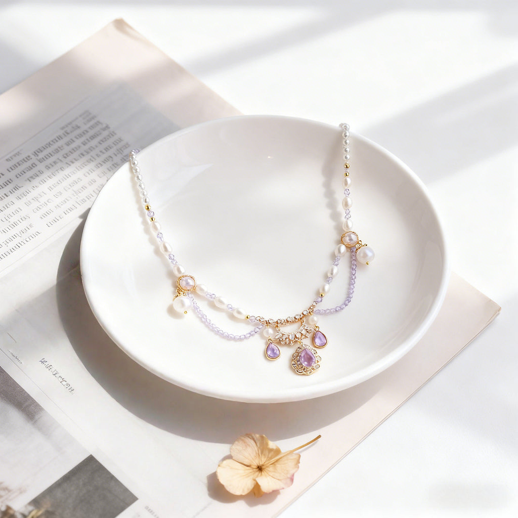 Lolita Necklace Ethereal Lavender Crystal Choker Baroque Pearl and Lilac Gemstones