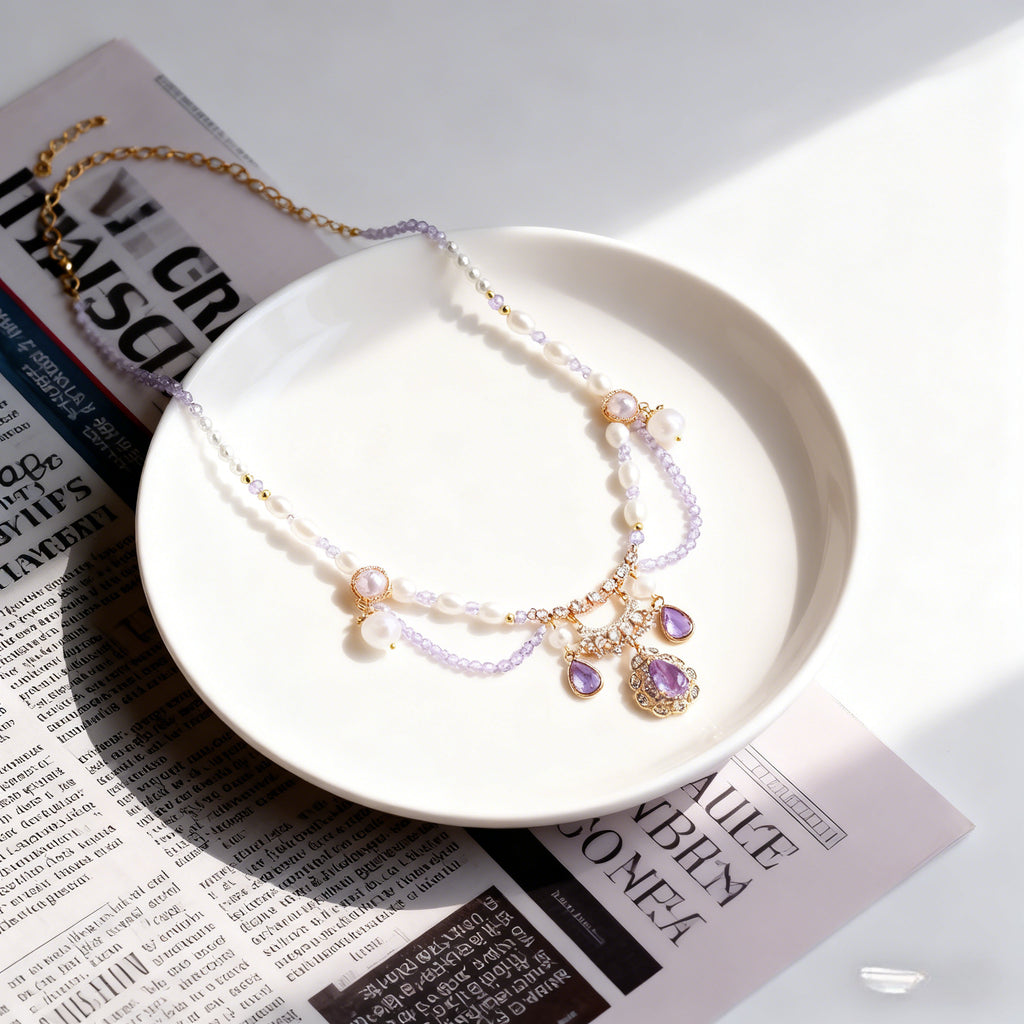 Lolita Necklace Ethereal Lavender Crystal Choker Baroque Pearl and Lilac Gemstones