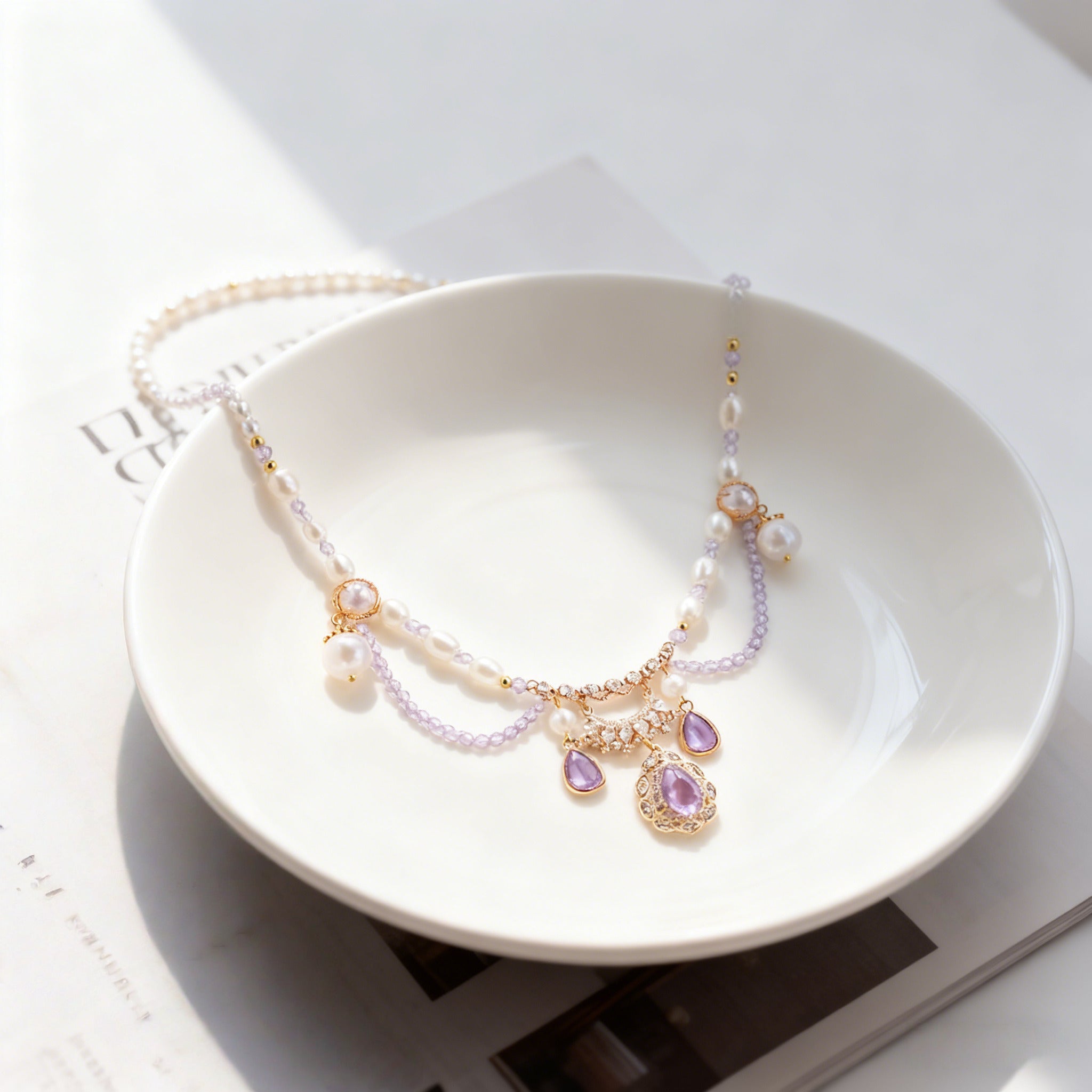 Lolita Necklace Ethereal Lavender Crystal Choker Baroque Pearl and Lilac Gemstones