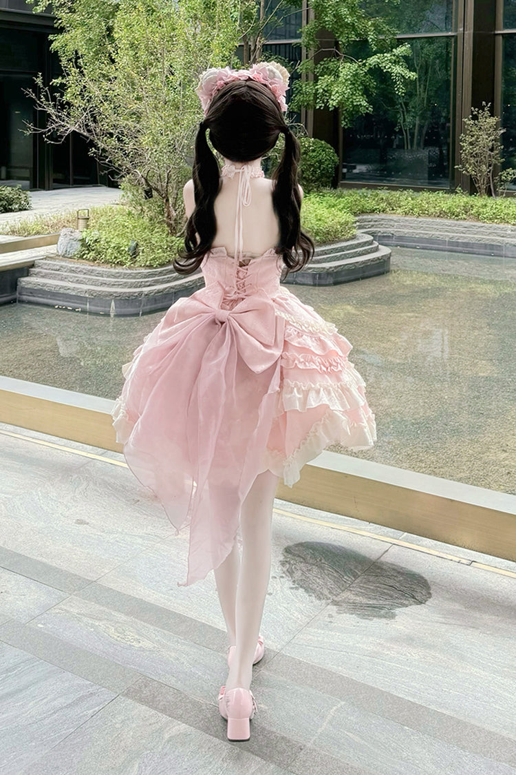 Pink Heart of Butterfly Halterneck Sleeveless Multi-Layered Ruffle Embroidery Princess Ballet Lolita Jsk Dress Set