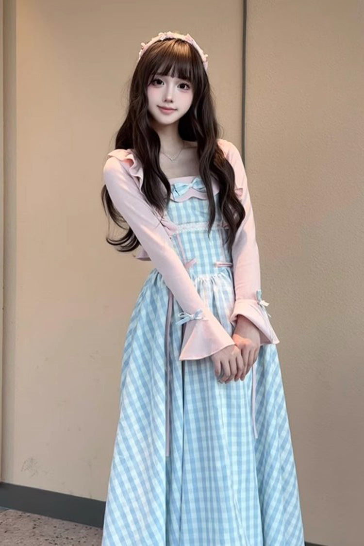 Blue Sea Salt Strawberries Sleeveless Plaid Print Bowknot Sweet Lolita Jsk Long Dress