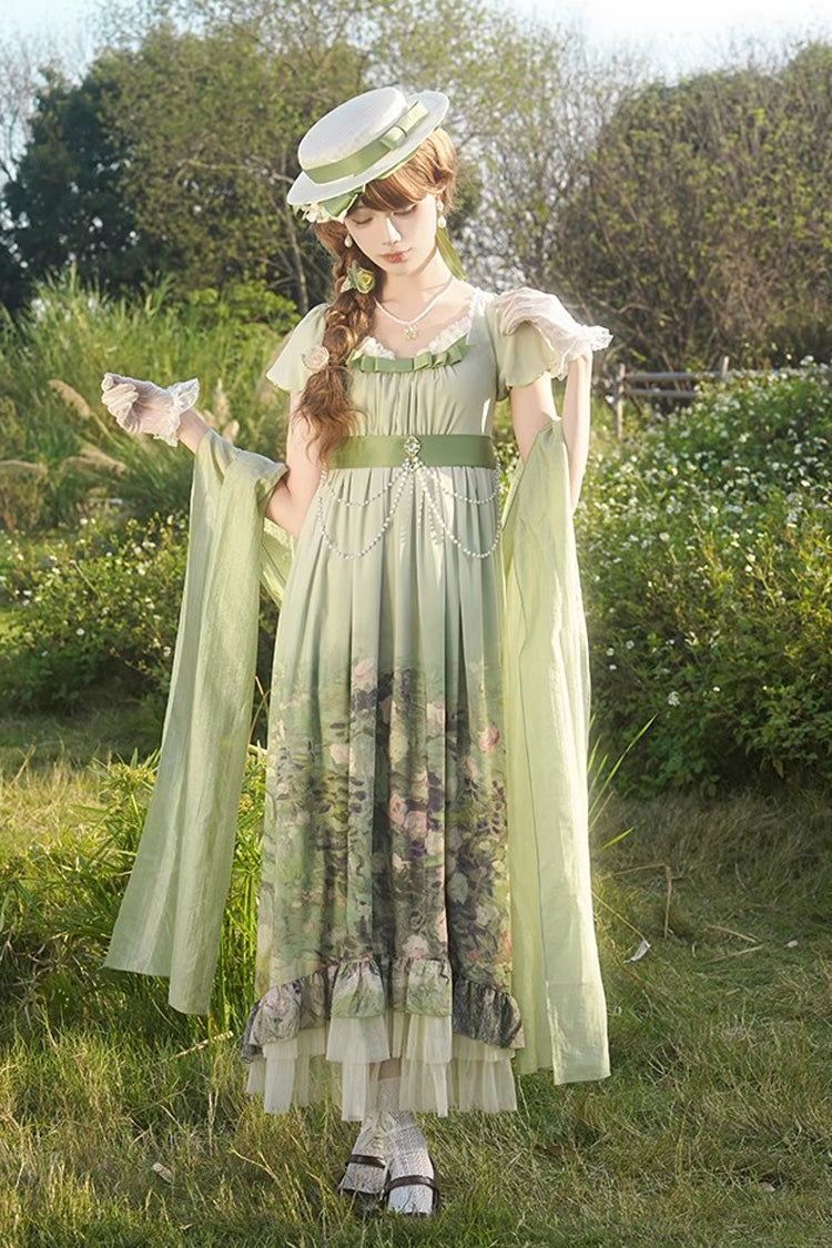 Green Blooming Roses Print Oil Painting Chiffon Short Sleeves Ruffle Bowknot Sweet Lolita Dress