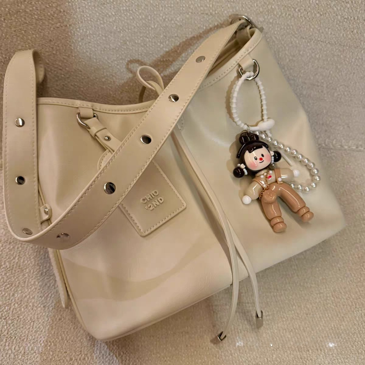 Lolita Bag Light Khaki Leather Tote Bag with a Pendant Doll