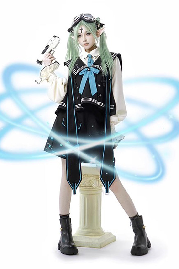 Dark Blue Magician Long Sleeves Ouji Prince Mechanical Style Lolita Shorts Vest Set