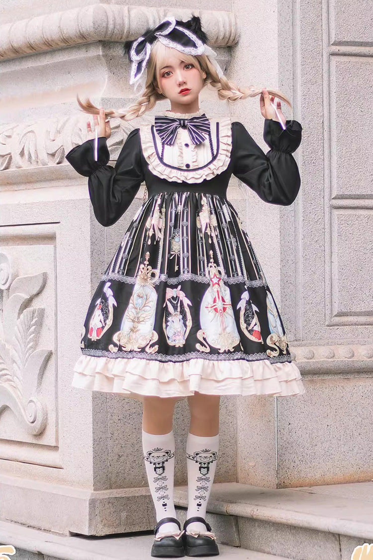 Black Easter Stand Collar Long Sleeves Print Ruffle Bowknot Sweet Plus Size Lolita Dress
