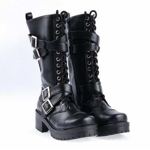 Black Stylish Patent Leather Straps Buckles Gothic Lolita Boots