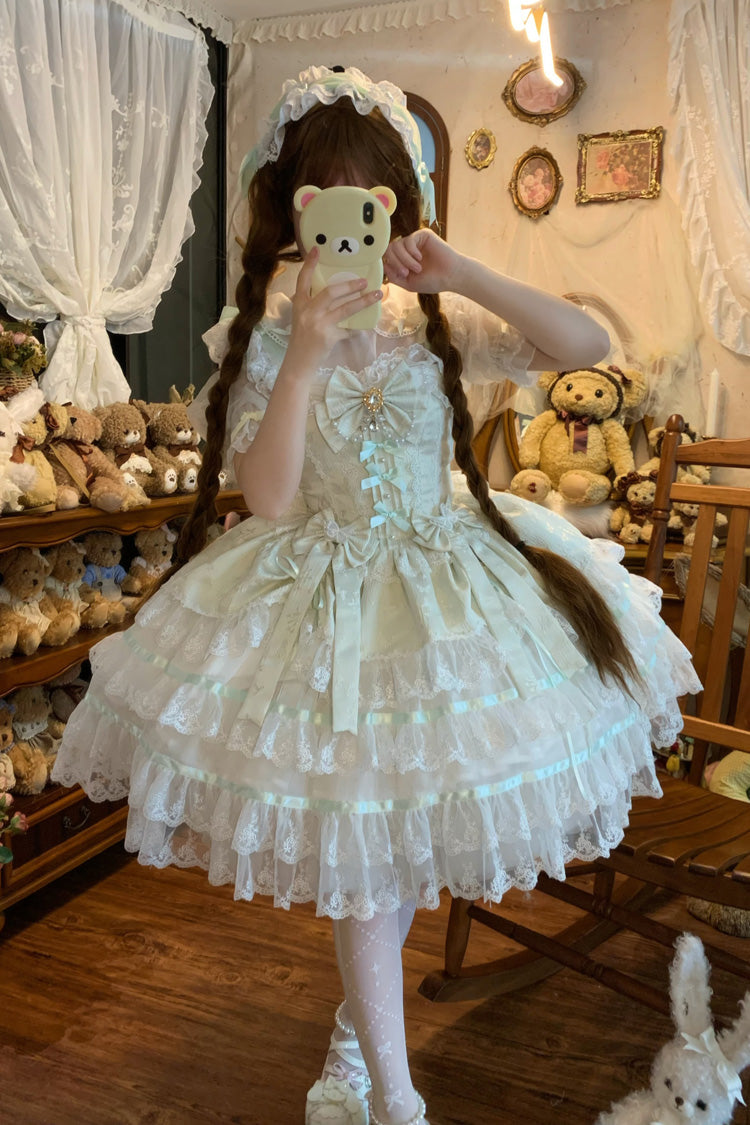 Green Snow Kissed Romance Sleeveless High Waisted Multi-Layered Bowknot Lace Pearl Sweet Ballet Lolita Jsk Dress