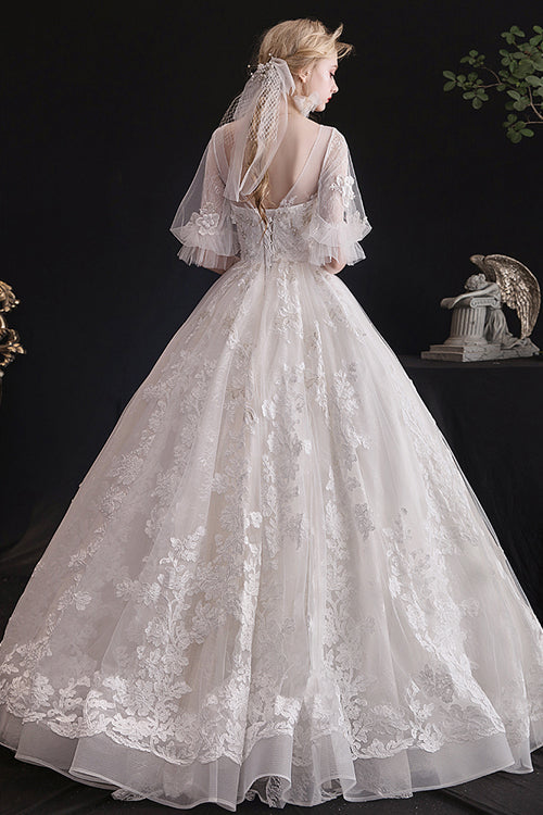 White V Collar Lace Embroidered Short Sleeves High Waisted Long Hanayome Sweet Lolita Dress