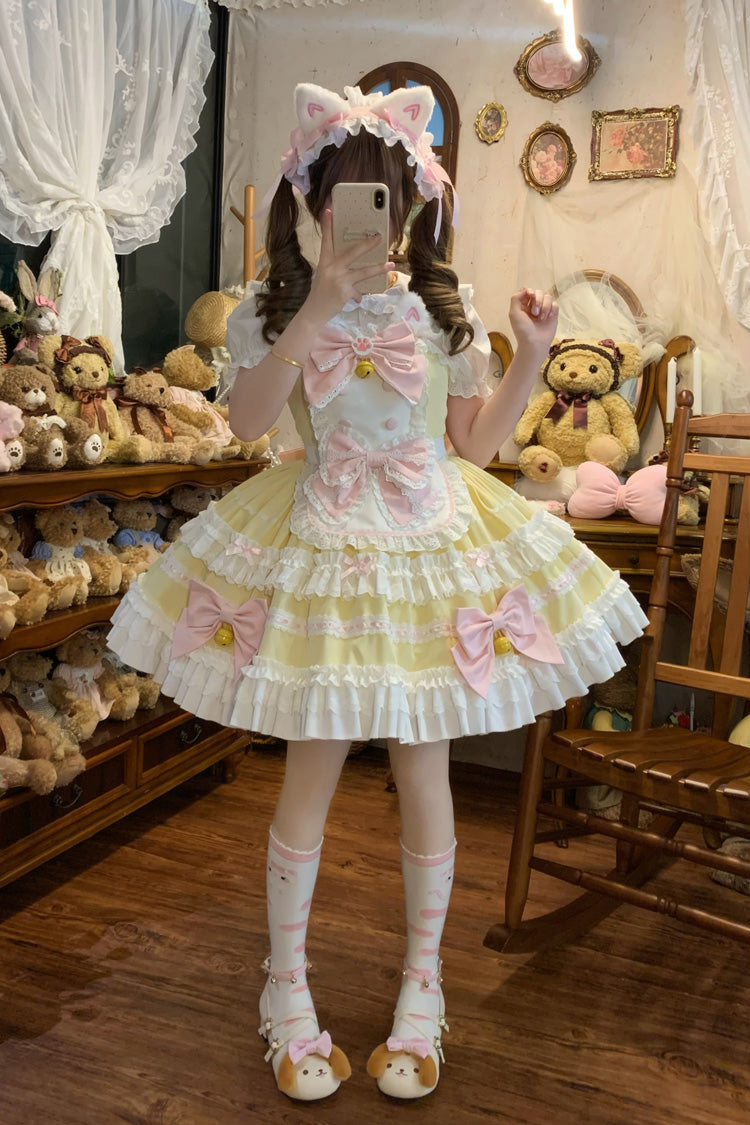 Yellow Meowling Sweet Maid Sleeveless Multi-Layered Ruffle Bowknot Lace Sweet Princess Lolita Jsk Dress