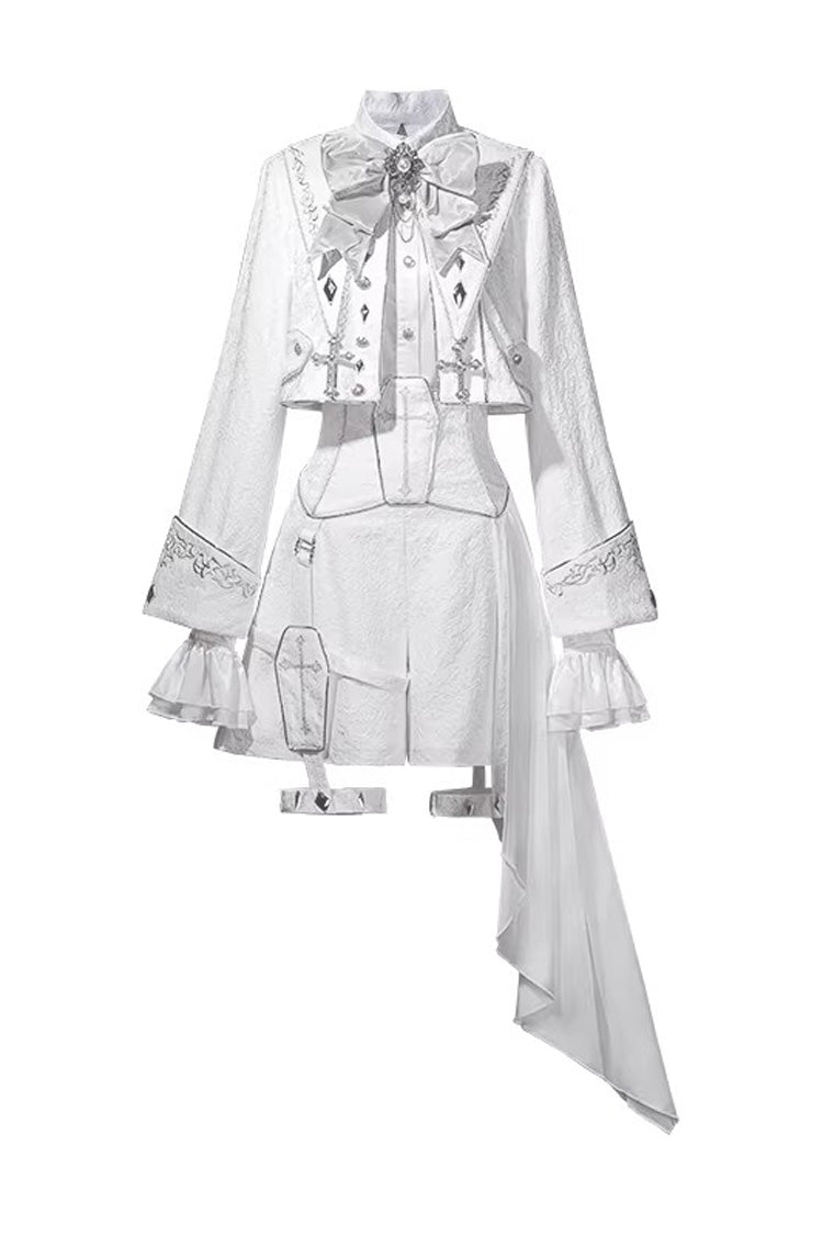 White Silver-White Sacred Pact Bow Asymmetric Gothic Prince Palace Ouji Lolita Shorts Coat Four-Piece Set