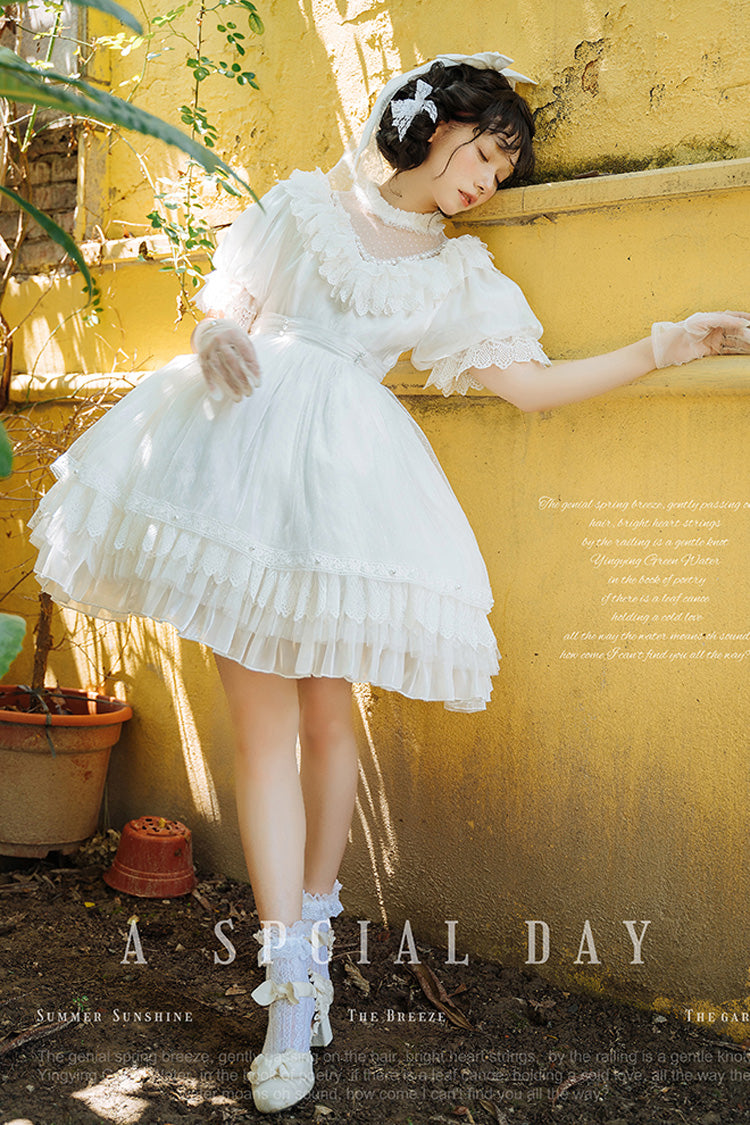 White Multi-Layered Ruffle Hanayome Hollow Bowknot Lace Sweet Vintage Gorgeous Lolita Dress