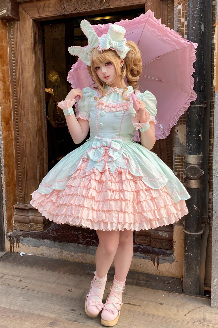 Pink/Green Honeydew Melon Parfait Short Sleeves Multi-Layered Ruffle Bowknot Sweet Lolita Dress