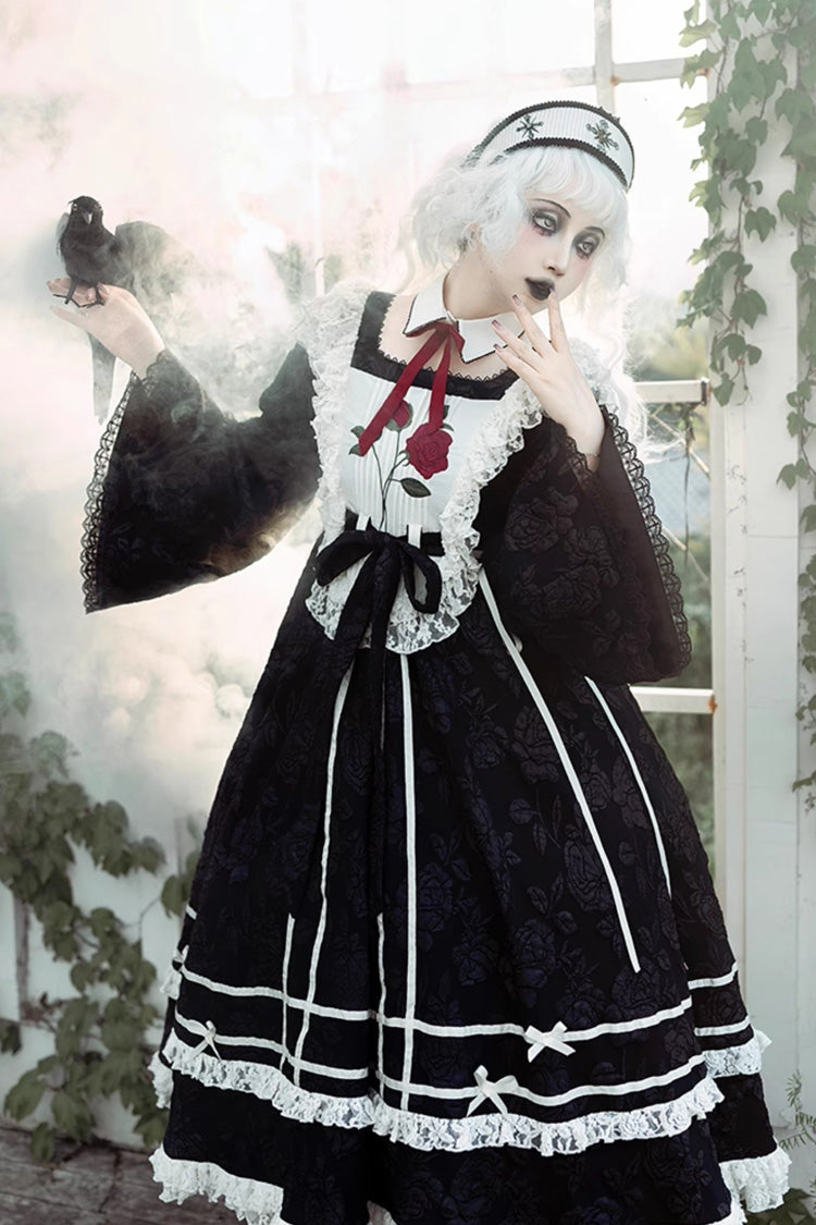 Black Rose Choir Double-Layered Ruffle Embroidery Bowknot Lace Gothic Elegant Nun Lolita Dress