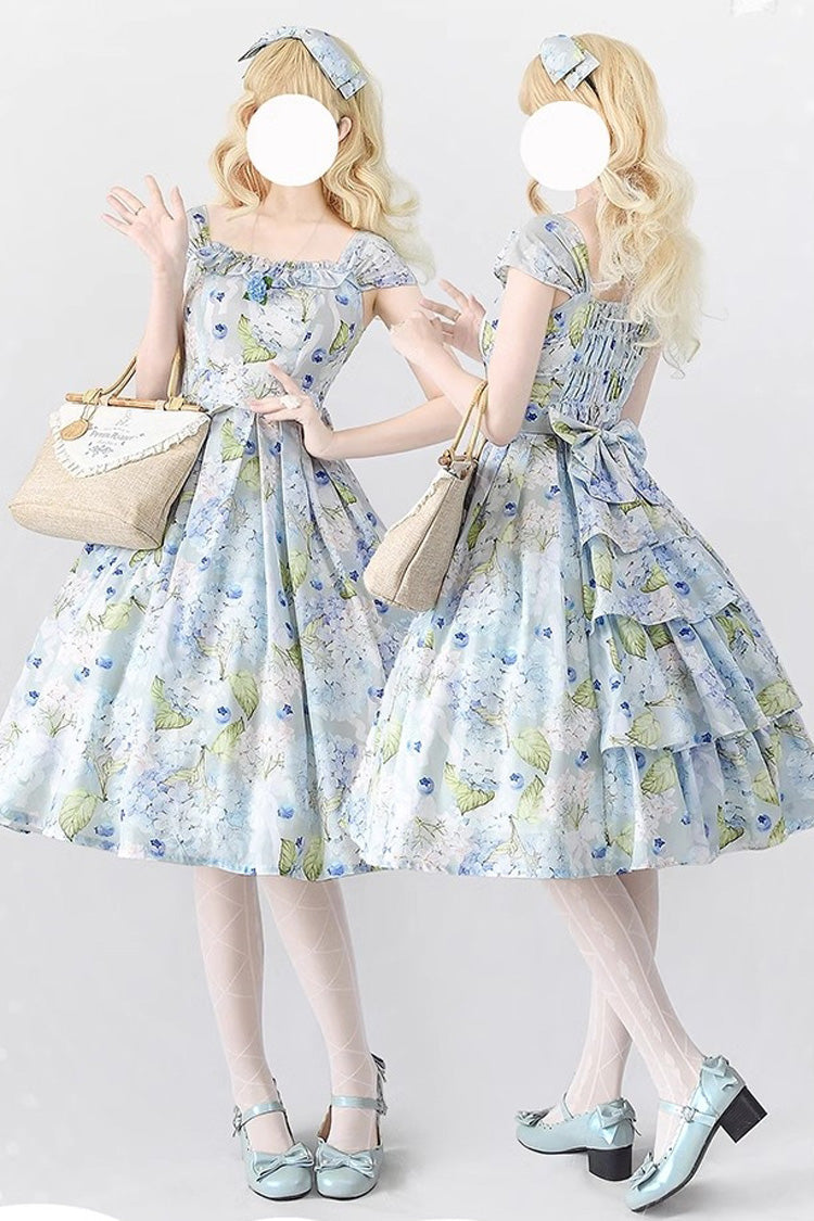 Blue Forest Basket Blueberry Hydrangea Print Bowknot Chiffon Sweet Elegant Lolita Jsk Dress