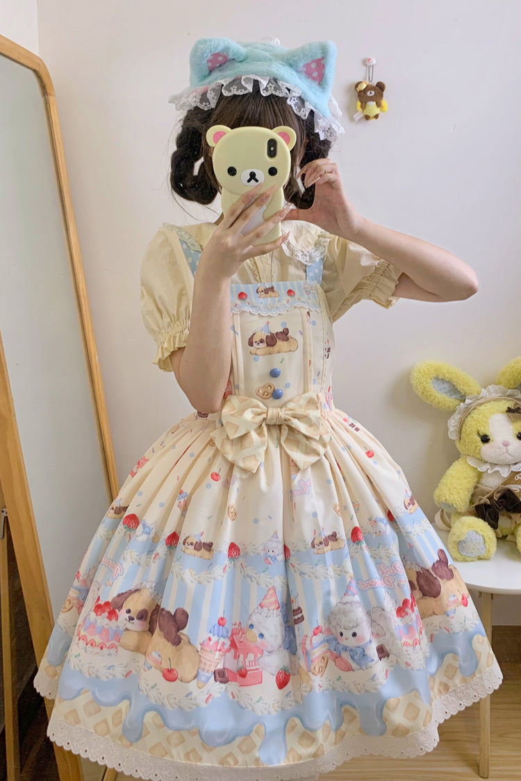 Cream Party Print Bowknot Stitching Lace Sweet Lolita Jsk Dress 3 Colors
