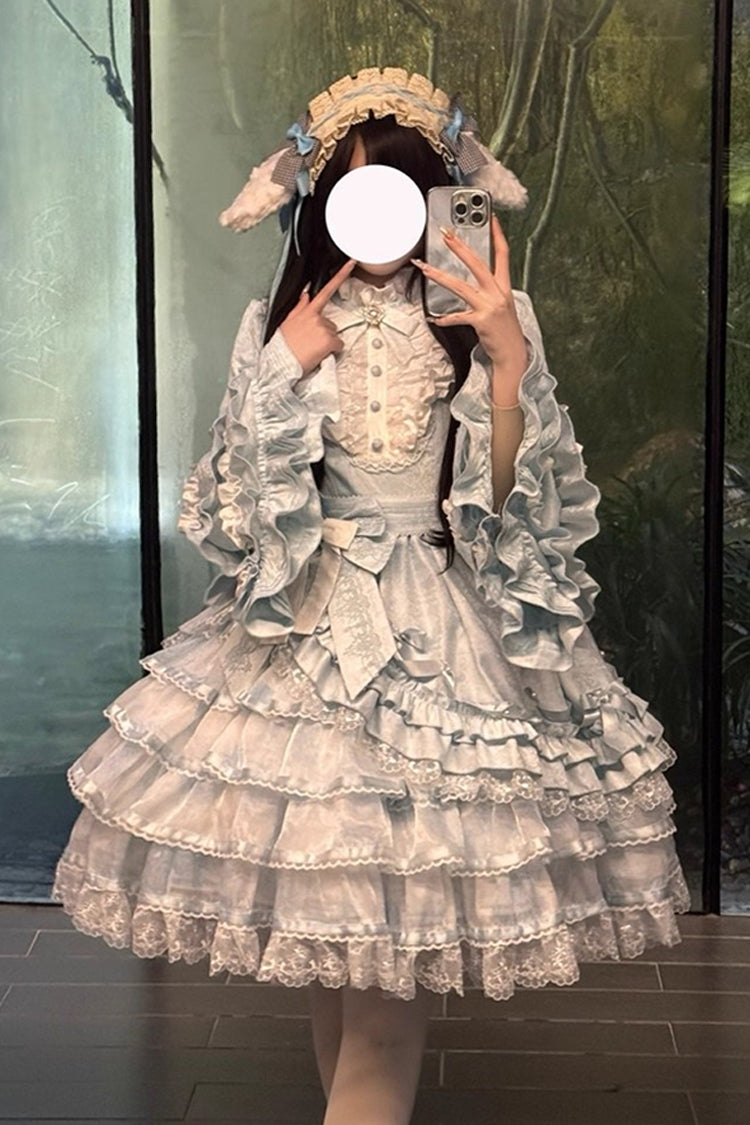 Blue The Soloist Doll Long Hime Sleeves Multi-Layered Print Ruffle Bowknot Asymmetric Sweet Lolita Dress