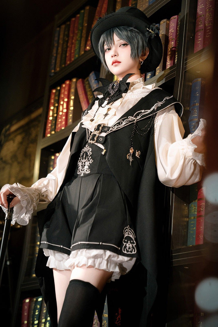 Black Bunny-Eared Meteorite Long Sleeves Embroidered Gothic Prince Ouji Lolita Shorts Vest Set