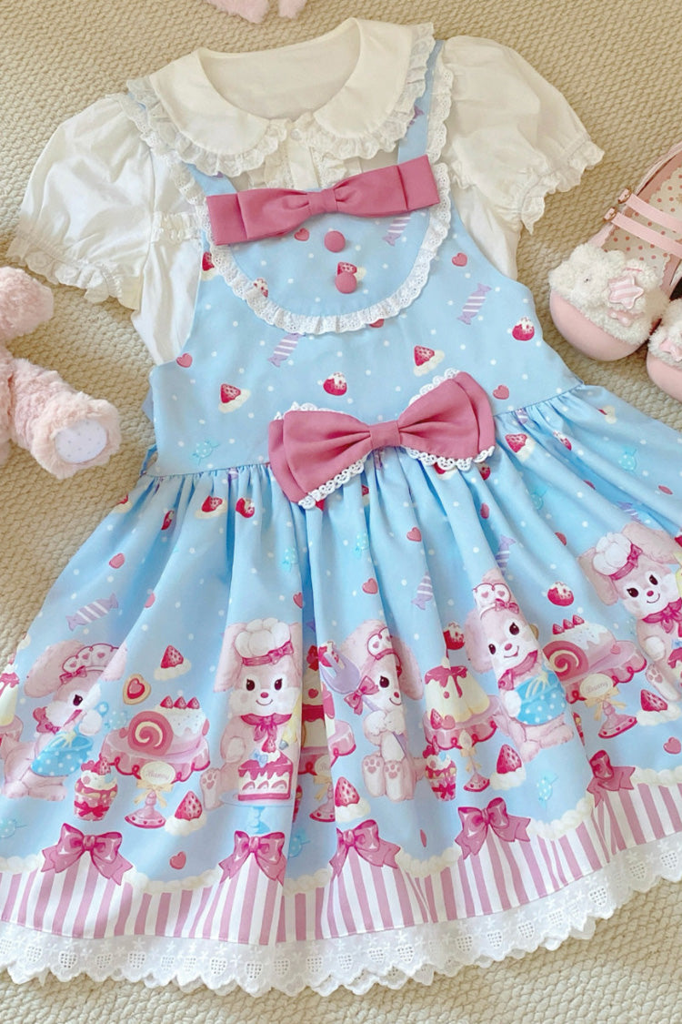 Blue/Pink Cupid Bunny Printed Sleeveless Bow Sweet Princess Lolita Strap Dress