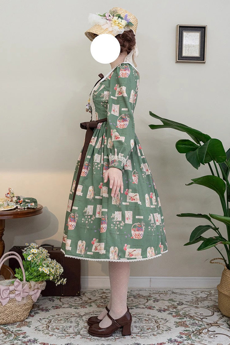 Forest Illustrated Book Long Lantern Sleeves Print Ruffle Sweet Lolita OP Dress 3 Colors